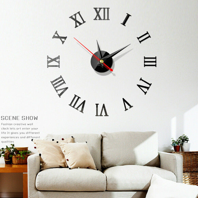 Luxury 3D DIY Wall Clock Roman Numeral Mirror Sticker Home Living Room Art Décor Wall Clocks